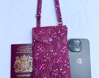 Mobile Phone Bag in small floral print, handmade Crossbody Smartphone Bag, Passport bag, Adjustable strap phone bag, Floral phone bag