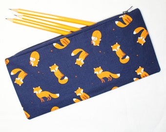 Fox Print Fabric Pencil Case, Cosmetic pouch, Water Resistant Lined Zip Pouch, Stocking Filler