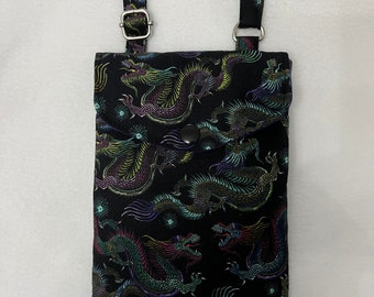 Dragon print Crossbody Mobile Phone Bag, handmade Oriental Dragon print Crossbody Smartphone Bag, Passport bag, Adjustable strap phone bag.