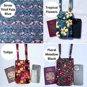 May include: Four crossbody phone cases with different floral patterns. One case has a blue and white bird and floral design, another has tropical flowers, a third has colorful tulips, and the last has a floral meadow design. Each case has a matching strap.