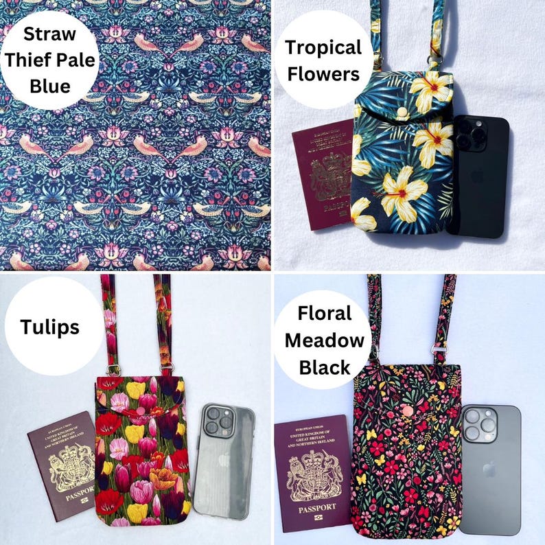May include: Four crossbody phone cases with different floral patterns. One case has a blue and white bird and floral design, another has tropical flowers, a third has colorful tulips, and the last has a floral meadow design. Each case has a matching strap.