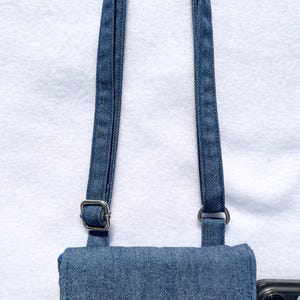 Denim Mobile Phone Bag in either blue or black, handmade Smartphone Bag, Passport bag, Adjustable strap phone bag Magnetic fastening image 6