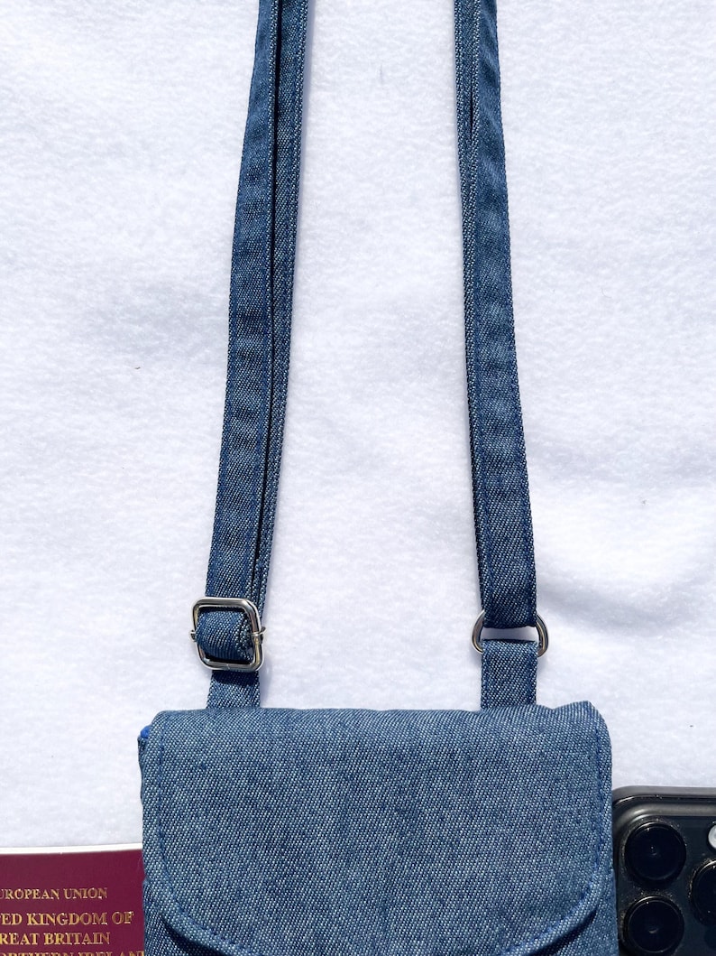 Denim Mobile Phone Bag in either blue or black, handmade Smartphone Bag, Passport bag, Adjustable strap phone bag Magnetic fastening image 6