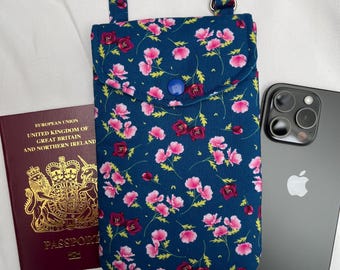 Pretty flowers on navy blue cotton fabric Crossbody Phone Bag: Handmade Passport Holder