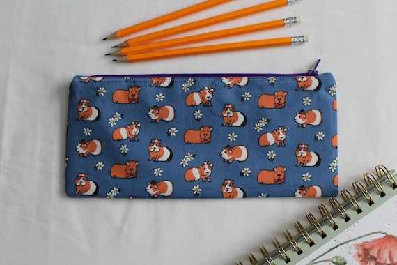 Guinea Pig Print Pencil Case: Handmade Water Resistant Zip Pouch
