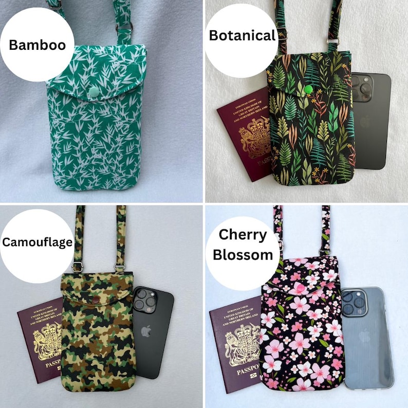 May include: Four different phone crossbody bags. The bags feature various patterns: green bamboo, botanical print, camouflage, and cherry blossom. Each bag has a matching strap and a snap closure. A passport and phone are next to each bag.