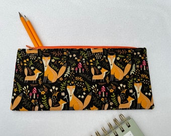 Foxes Print Fabric Pencil Case, Large Flat Pencil Case, Water Resistant Lined Zip Pouch