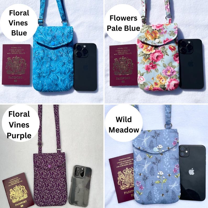 May include: Four crossbody phone bags in various floral patterns and colors. The bags are displayed with a passport and a smartphone. The bags include: Floral Vines Blue, Flowers Pale Blue, Floral Vines Purple, and Wild Meadow.