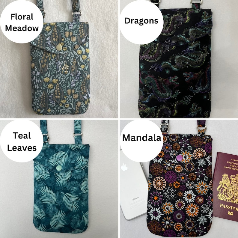 Puede incluir: Cuatro bolsos cruzados de tela para tel&eacute;fono con correas ajustables. Los dise&ntilde;os incluyen "Floral Meadow" con un estampado floral verde y amarillo, "Dragons" con un fondo negro y dragones iridiscentes, "Teal Leaves" con hojas de palma verde azulado y "Mandala" con un estampado floral.