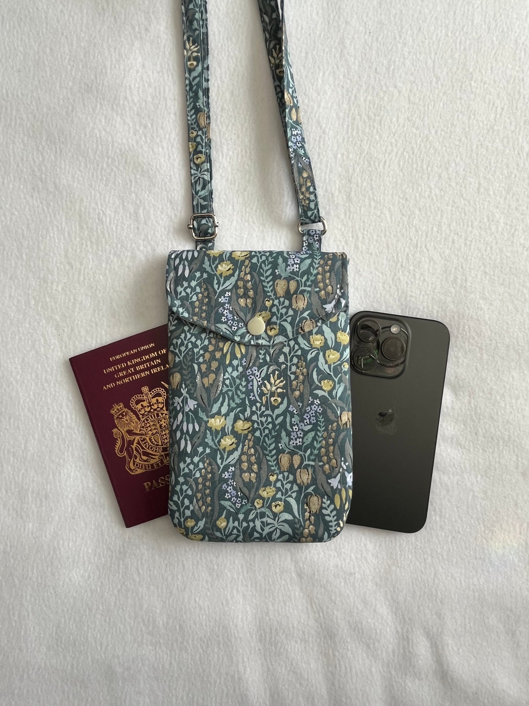 Mobile Phone Bag in Floral Meadow on Blue Print, Handmade Crossbody ...