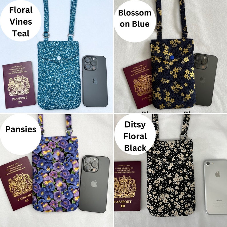 Puede incluir: Cuatro bolsos cruzados para tel&eacute;fono con estampados florales en verde azulado, azul marino, morado y negro. Cada bolso tiene una correa a juego y un cierre de bot&oacute;n. Los bolsos est&aacute;n junto a un pasaporte y un smartphone. El texto en los bolsos dice: Floral Vines Teal, Blossom on Blue, Pansies y Ditsy Floral Black.