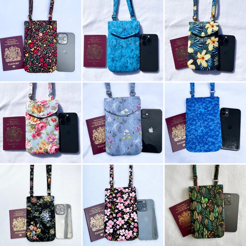 May include: A collection of floral and patterned crossbody phone bags with adjustable straps. Each bag is displayed with a smartphone and a passport. The bags feature various designs, including flowers, leaves, and abstract patterns.