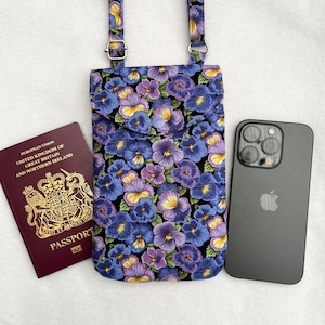 Handytasche mit Stiefmütterchen, handgefertigte Handytasche mit Stiefmütterchen, Umhängetasche, Smartphonetasche mit verstellbarem Riemen, Florale Handytasche