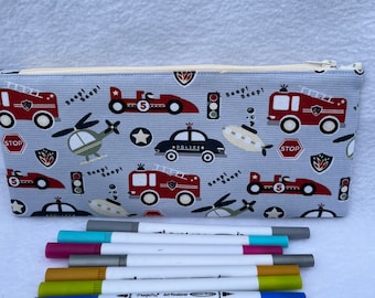 Handmade childs fabric Pencil Case, Vehicle themed pencil case, Large flat pencil case, back to school, School pencil case, Waterproof lined