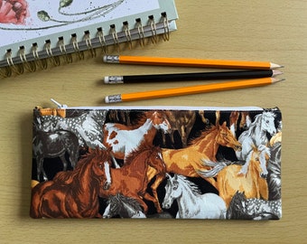 Horse Print Fabric Pencil Case, Large Flat Pencil Case, Water Resistant Lined Zip Pouch