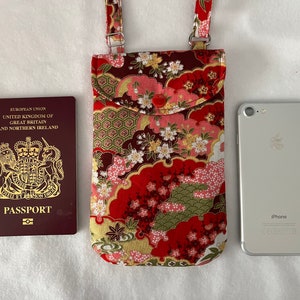 Mobile Phone Bag in Red Japanese Metallic Floral print, handmade Crossbody Smartphone Bag, Passport bag, Adjustable strap phone bag.