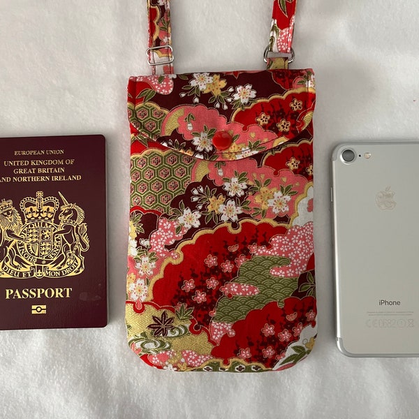 Mobile Phone Bag in Red Japanese Metallic Floral print, handmade Crossbody Smartphone Bag, Passport bag, Adjustable strap phone bag.