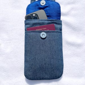 Denim Mobile Phone Bag in either blue or black, handmade Smartphone Bag, Passport bag, Adjustable strap phone bag Magnetic fastening image 8