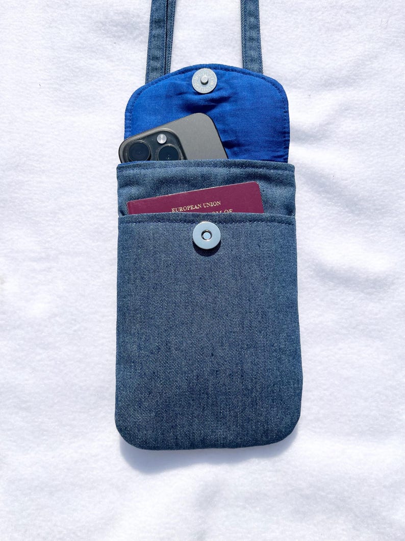Denim Mobile Phone Bag in either blue or black, handmade Smartphone Bag, Passport bag, Adjustable strap phone bag Magnetic fastening image 8