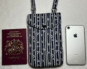 Phone Bag, Handmade Crossbody Smartphone Bag, Small holiday bag, Passport bag, Adjustable strap cross body mobile phone bag