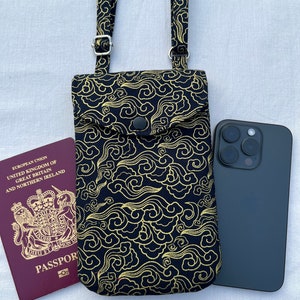 Handmade Crossbody Phone Bag, Metallic Gold Waves, Passport Holder