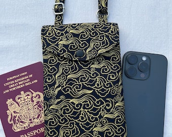 Handmade Crossbody Phone Bag, Metallic Gold Waves, Passport Holder