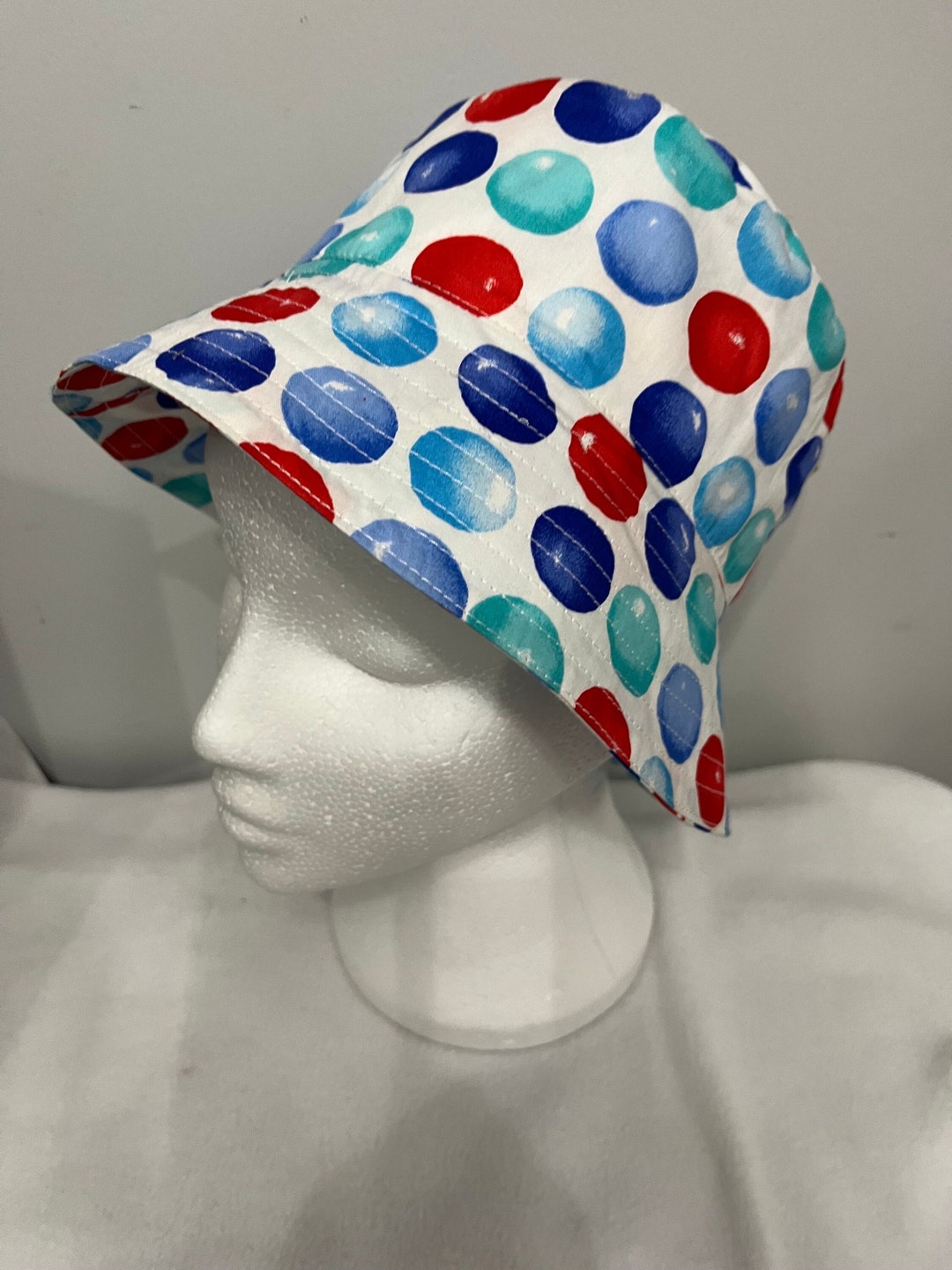 Multi Coloured Bubbles Bucket Hat. Small Bucket Hat. 56cm Bucket Hat, Handmade Bucket Hat