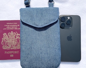 Denim Mobile Phone Bag in either blue or black, handmade Smartphone Bag, Passport bag, Adjustable strap phone bag Magnetic fastening