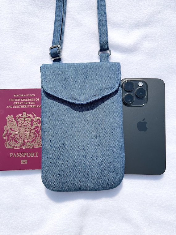 Denim Mobile Phone Bag in either blue or black, handmade Smartphone Bag, Passport bag, Adjustable strap phone bag Magnetic fastening