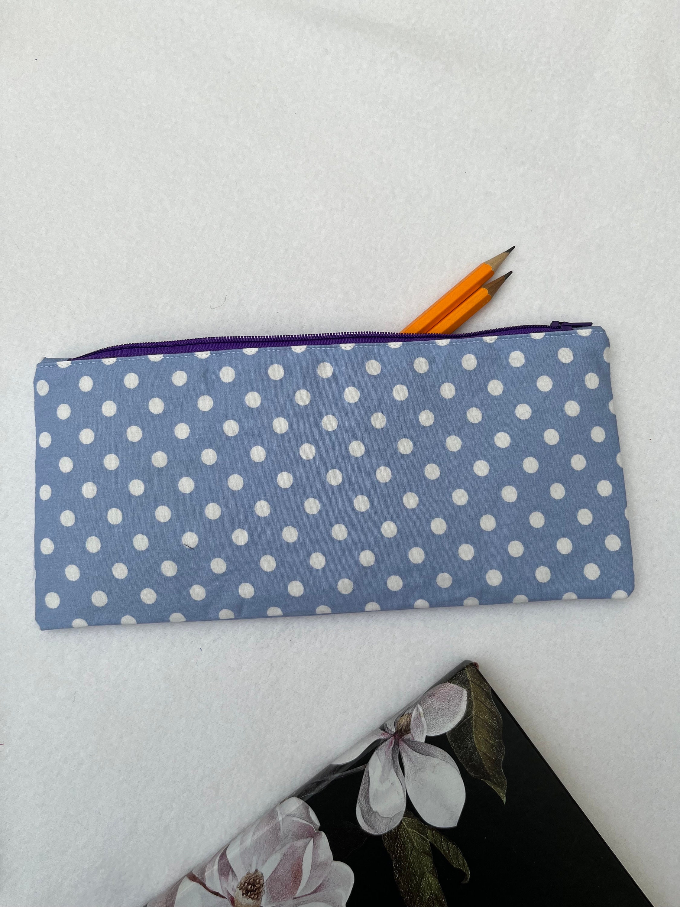 Polka Dot on Pale Blue Fabric Pencil Case, Back to School Pencil Case,  Water Resistant Lined Pouch, School Pencil Case, College Stationery 