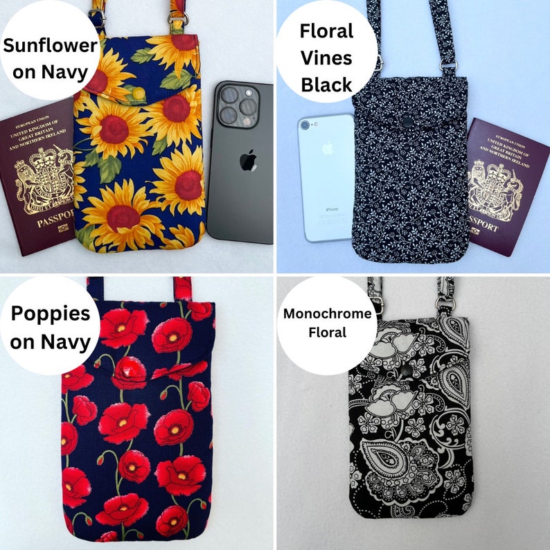 Puede incluir: Cuatro bolsos cruzados de tela para tel&eacute;fono con diferentes estampados florales. Las bolsas incluyen una bolsa azul marino con girasoles, una bolsa negra con vides florales, una bolsa azul marino con amapolas rojas y una bolsa floral en blanco y negro. Cada bolsa tiene una correa.