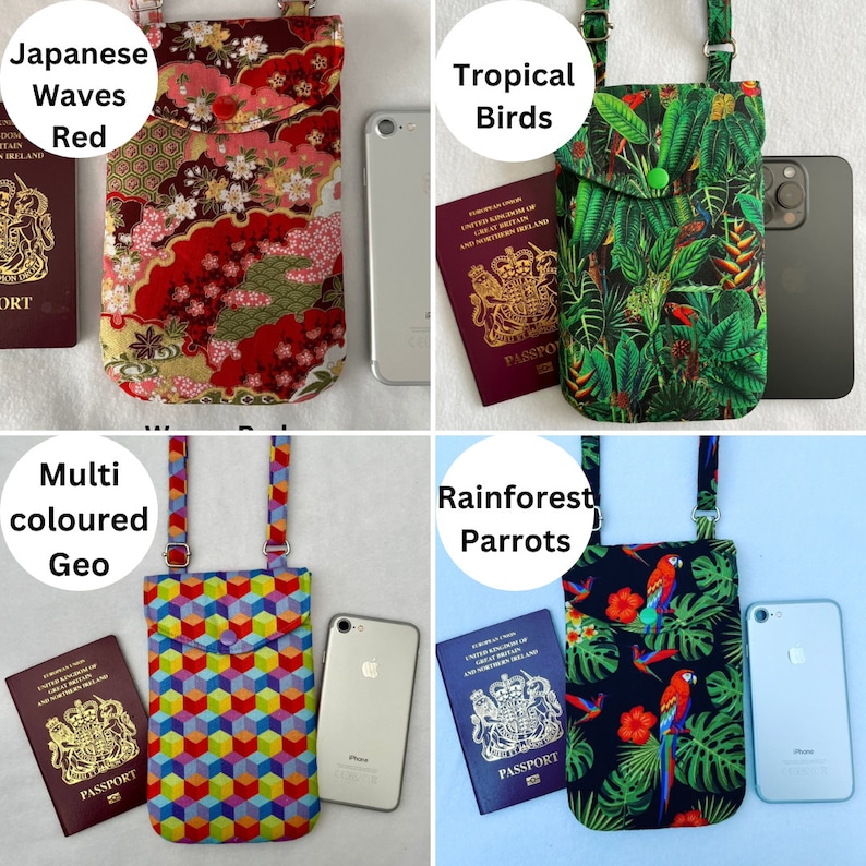 Puede incluir: Cuatro bolsos cruzados para tel&eacute;fono con diferentes patrones. Uno tiene olas japonesas rojas, otro tiene p&aacute;jaros tropicales, un tercero tiene un dise&ntilde;o geom&eacute;trico multicolor y el &uacute;ltimo presenta loros de la selva tropical. Cada bolso tiene una correa a juego y un cierre de bot&oacute;n.