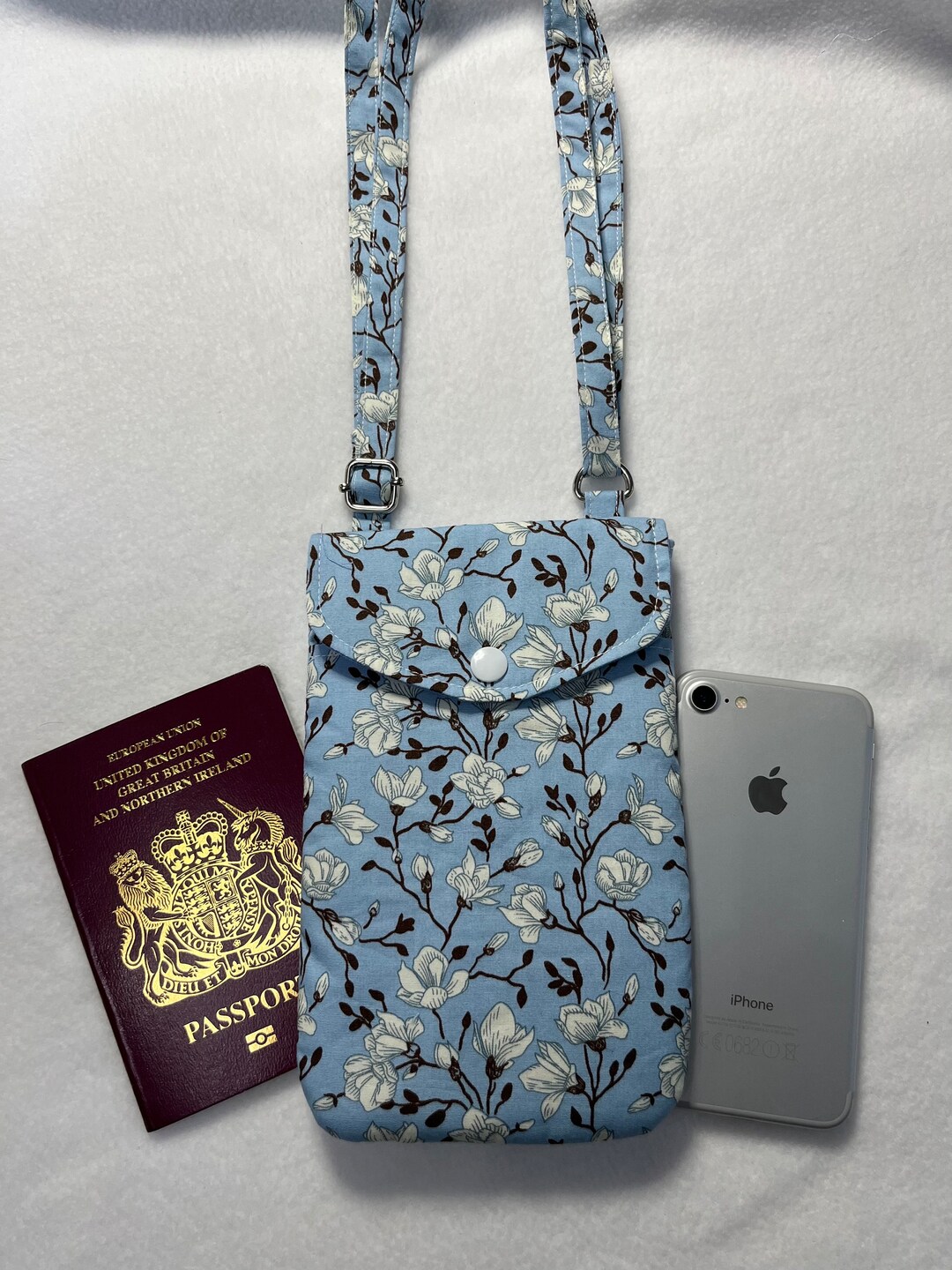 Crossbody Mobile Phone Bag, White Blossom on Pale Blue Cotton, Handmade
