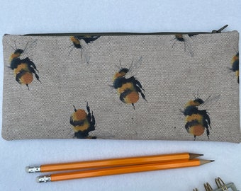 Bees Print Fabric Pencil Case, Large Flat Pencil Case, Water Resistant Lined Zip Pouch