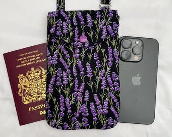 Mobile Phone Bag in Lavender flowers print, handmade Crossbody Smartphone Bag, Passport bag, Adjustable strap phone bag.