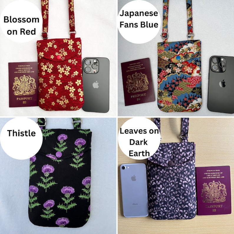 Puede incluir: Cuatro fundas de tel&eacute;fono de tela con correas ajustables. Las fundas presentan diferentes patrones: rojo con flores doradas, azul con abanicos japoneses, negro con cardos morados y azul oscuro con hojas. Cada funda se muestra con un pasaporte y un smartphone.