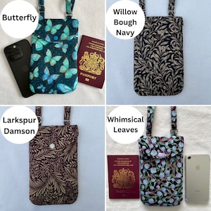 Puede incluir: Cuatro bolsos cruzados para tel&eacute;fono de tela con diferentes patrones. Uno es turquesa con mariposas azules, otro es negro con un dise&ntilde;o floral beige, un tercero es granate con un patr&oacute;n floral beige y el &uacute;ltimo es negro con patrones florales azules y verdes.