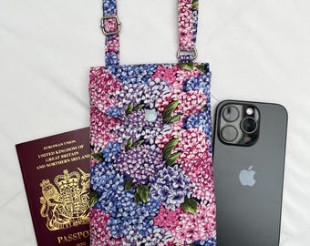Floral Garden Cotton Fabric Crossbody Phone Bag – Handmade