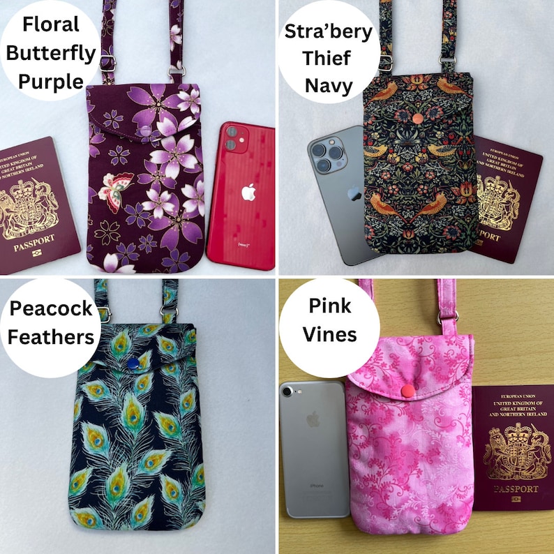 Puede incluir: Cuatro fundas cruzadas para tel&eacute;fono con varios dise&ntilde;os. Los dise&ntilde;os incluyen mariposa floral en morado, ladr&oacute;n de fresas en azul marino, plumas de pavo real y vides rosas. Cada funda tiene una correa y una solapa. Un pasaporte y un tel&eacute;fono est&aacute;n al lado de cada funda.