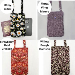 Puede incluir: Cuatro bolsos cruzados para tel&eacute;fono con diferentes dise&ntilde;os. El bolso "Daisy Black" presenta margaritas blancas sobre fondo negro. El bolso "Floral Vines Mauve" tiene un estampado floral morado. El bolso "Strawberry Thief Crimson" tiene un estampado de p&aacute;jaros rojos. El bolso "Willow Bough Damson" tiene un estampado de hojas verde oscuro.