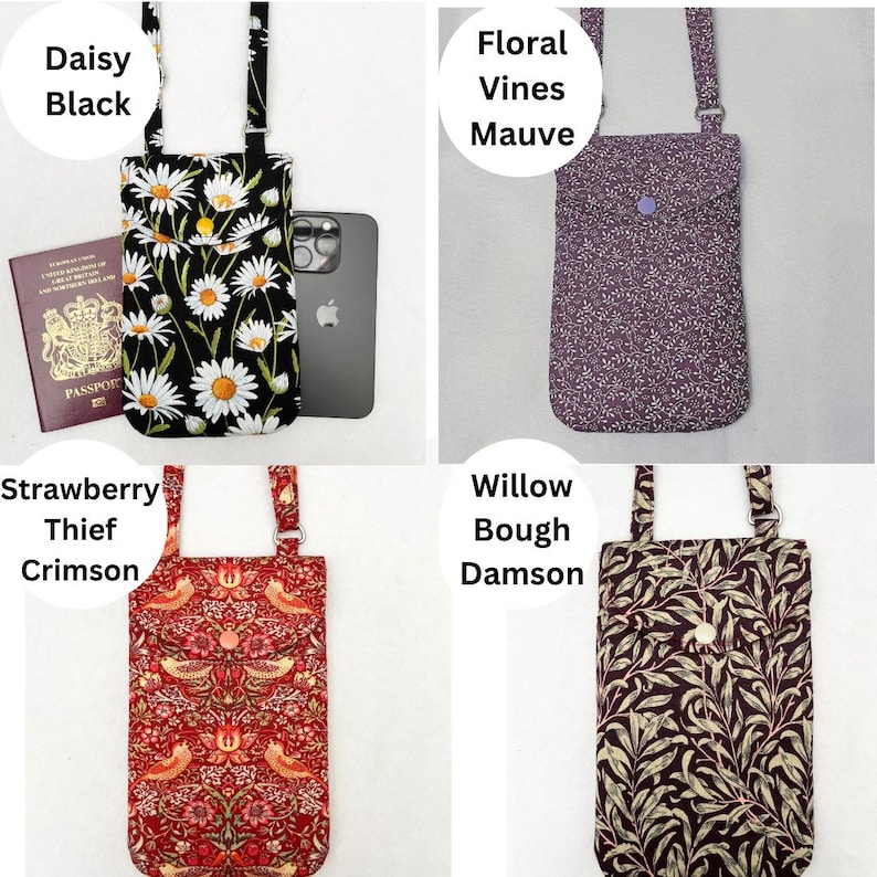 Puede incluir: Cuatro bolsos cruzados para tel&eacute;fono con diferentes dise&ntilde;os. El bolso "Daisy Black" presenta margaritas blancas sobre fondo negro. El bolso "Floral Vines Mauve" tiene un estampado floral morado. El bolso "Strawberry Thief Crimson" tiene un estampado de p&aacute;jaros rojos. El bolso "Willow Bough Damson" tiene un estampado de hojas verde oscuro.