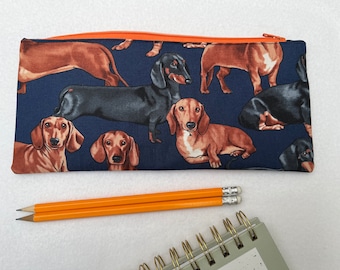Daschund Print Fabric Pencil Case, Large Flat Pencil Case, Water Resistant Lined Zip Pouch, School pencil case, Collage stationery