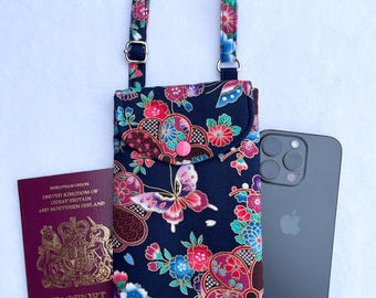 Mobile Phone Bag in Dark Blue Japanese Metallic Floral print, handmade Crossbody Smartphone Bag, Passport bag, Adjustable strap phone bag.