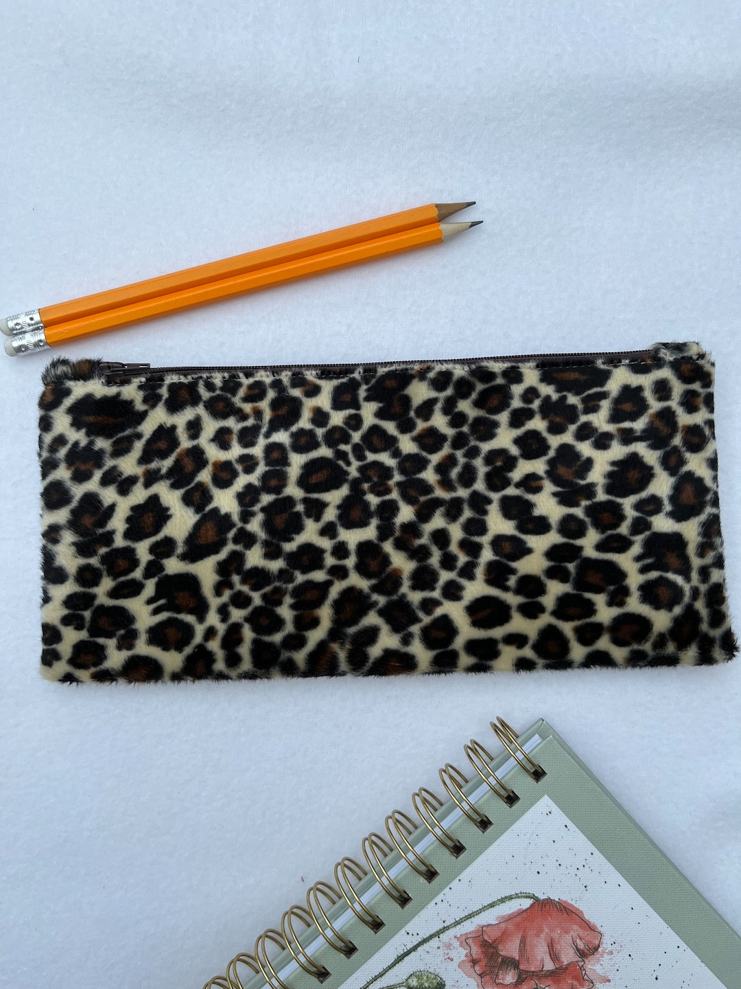 Super Soft Faux Fur Leopard Print Pencil Case Water Resistant Lined