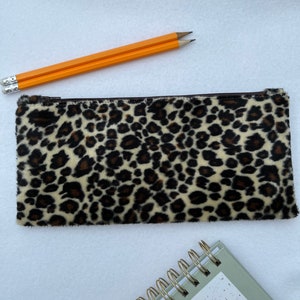 Super Soft Faux Fur Leopard Print Pencil Case - Water Resistant Lined, Perfect for School and College Stationery