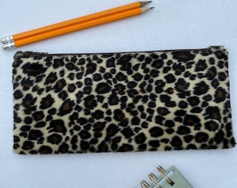 Super Soft Faux Fur Leopard Print Pencil Case - Water Resistant Lined, Perfect for School and College Stationery