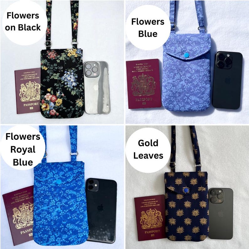 May include: Four different floral-patterned crossbody phone bags. The bags are black, blue, and navy, with floral and gold leaf designs. Each bag has a matching strap and a button closure. The text "Flowers on Black", "Flowers Blue", "Flowers Royal Blue", and "Gold Leaves" is visible.