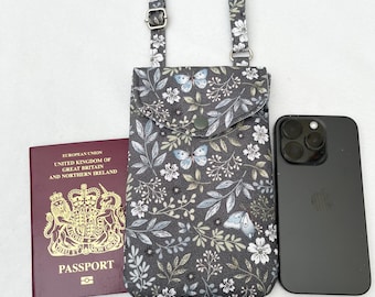 Mobile Phone Bag, Butterflies in meadow on Grey background cotton fabric, Crossbody Smartphone Bag, Passport bag, Adjustable strap phone bag