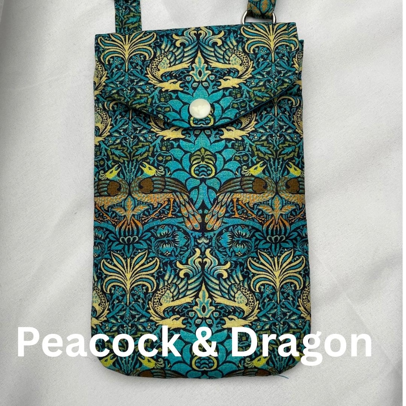 William Morris Fabric Phone Bag, Handmade Crossbody Smartphone Bag, Passport bag, Adjustable strap cross body mobile phone bag Peacock and Dragon