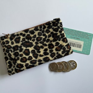 Super soft faux fur leopard print coin purse, medication pouch, earbuds pouch, Small zip pouch